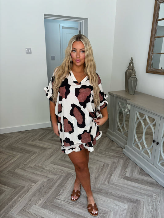 Millie Cow Print Short Set (Cream)