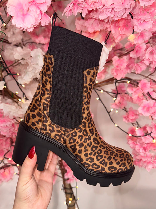 Cherie Block Heel Ankle Sock Boots (Leopard)