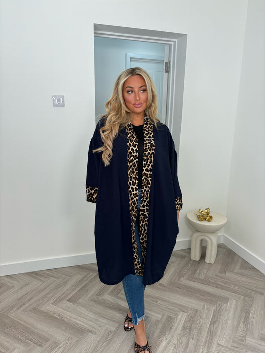 Leopard Trim Lightweight Cardigan (Navy)